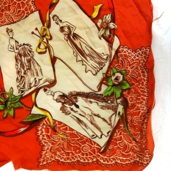𝅺VTG 20s Antique ORANGE Ladies print scarf -- as is with flaws & torn - Picture 5 of 12